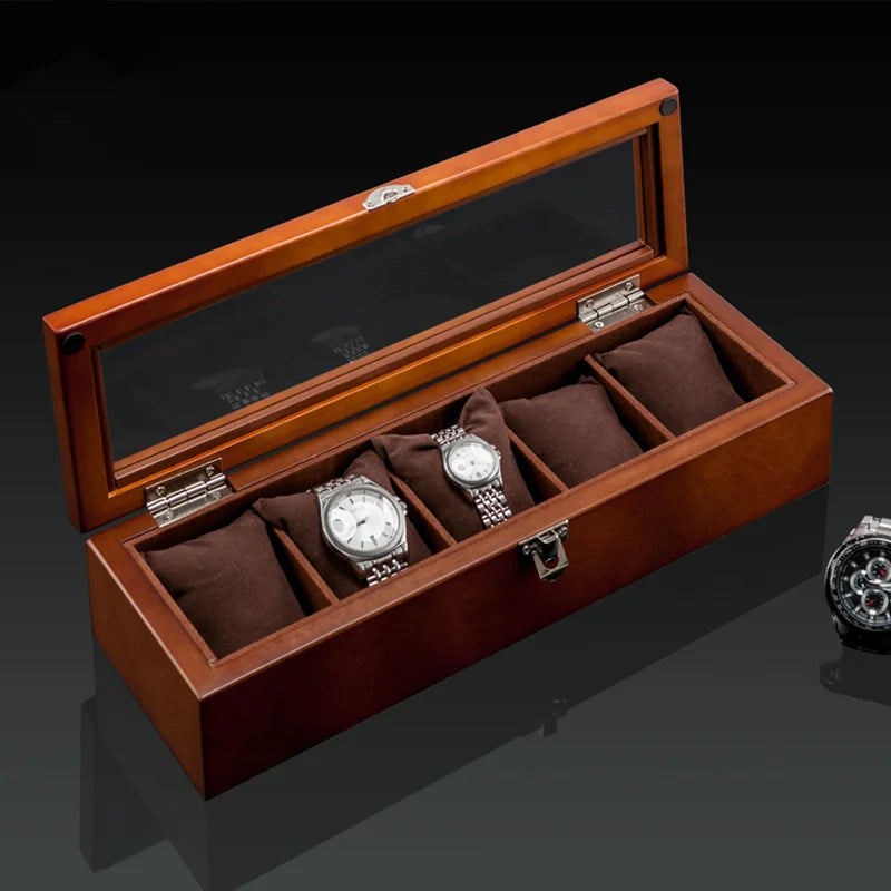 Boîte à montres en bois brut de luxe avec 5 compartiments et couvercle en verre transparent
