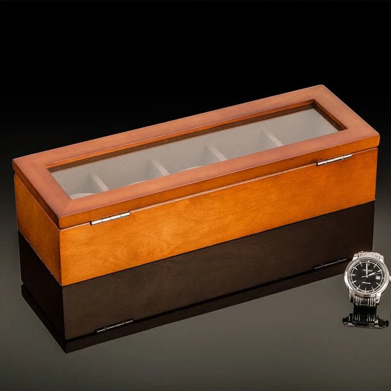 Écrin en bois brut pour montres, 5 emplacements et finition haut de gamme pour collectionneurs