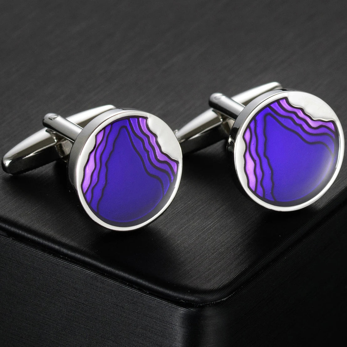 Boutons de manchette ronds en acier inoxydable, argent et violet, parfaits pour une tenue habillée