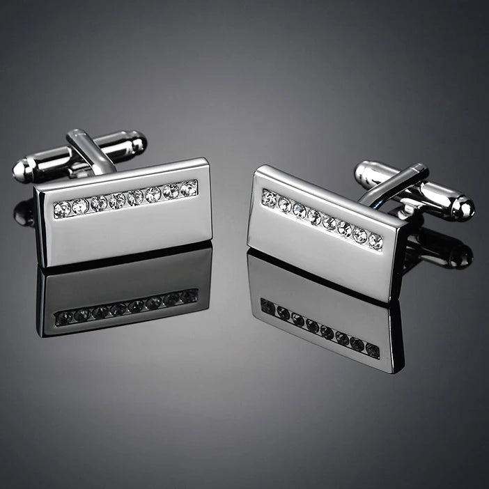Boutons de manchette rectangulaire, en argent massif brossé, strass, finition moderne pour un style minimaliste