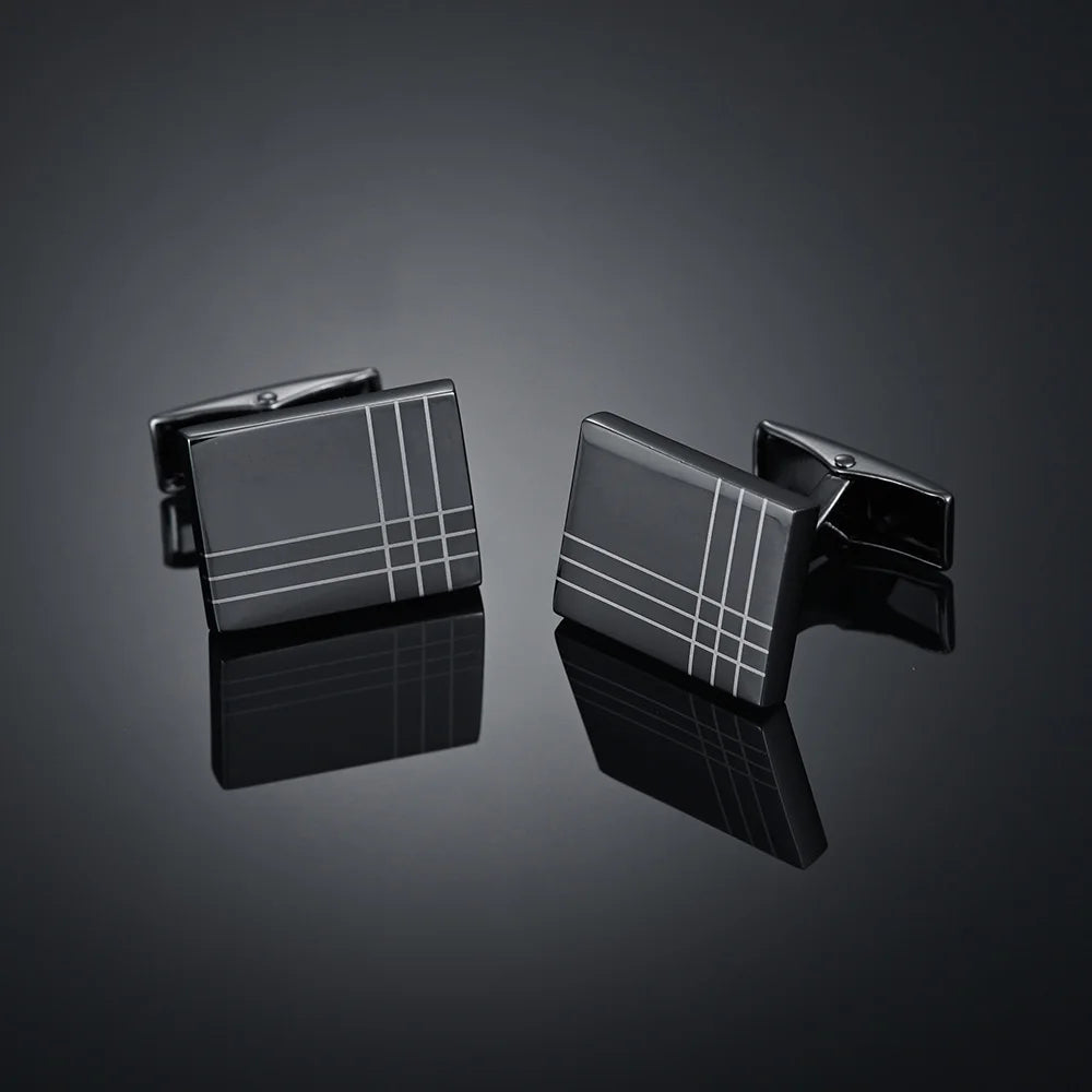Boutons de manchette rectangulaires en métal noir et argent, élégance discrète pour costume de mariage ou bureau