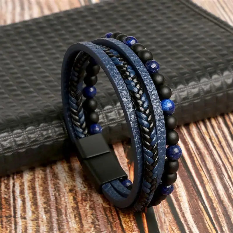Bracelet en cuir tressé noir et bleu, avec perles noires et en verre, pour une touche de sophistication moderne