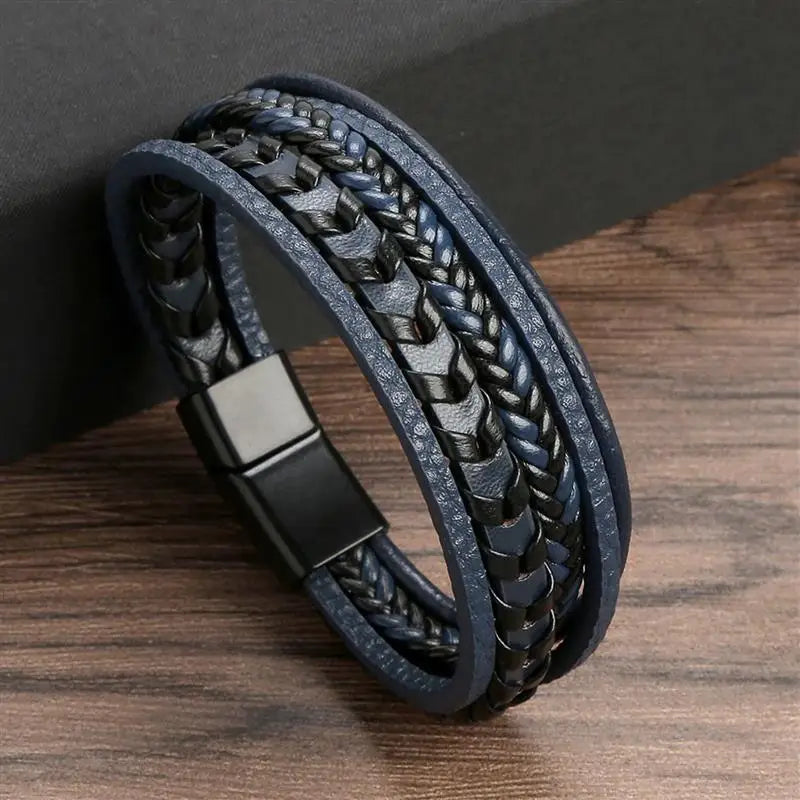 Bracelet en cuir authentique avec tressage fin, noir et bleu, accessoire élégant et polyvalent