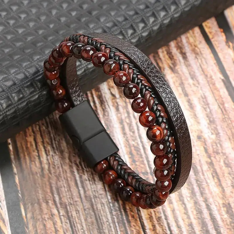 Bracelet en cuir véritable marron avec perles, accessoire élégant et spirituel