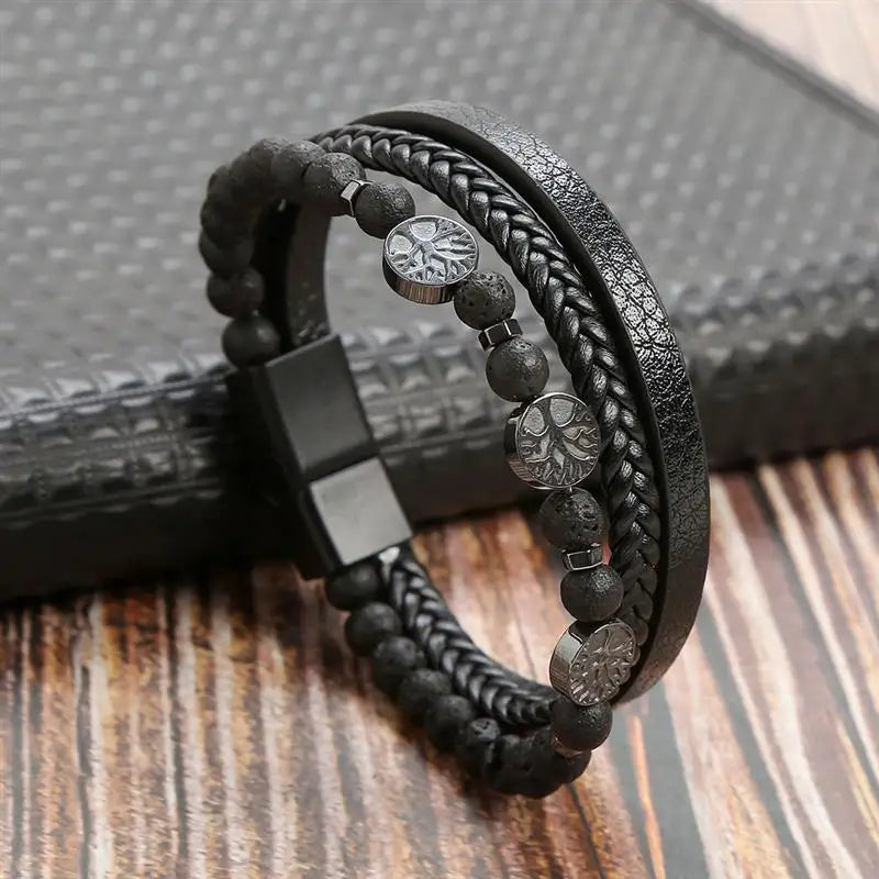 Bracelet en cuir tressé noir avec accessoires en acier inoxydable, perles en pierre de lave, idéal pour un look élégant