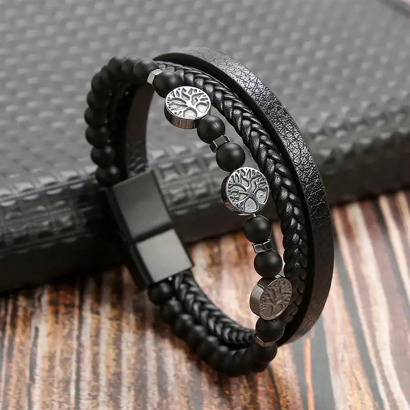 Bracelet en cuir tressé noir, perles noires et accessoires en acier inoxydable, sobres et élégante
