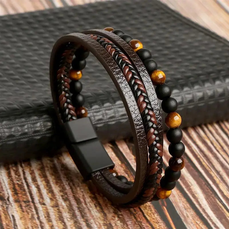 Bracelet tressé en cuir véritable marron et noir, perles noires et en verres, style sobre et élégant pour homme