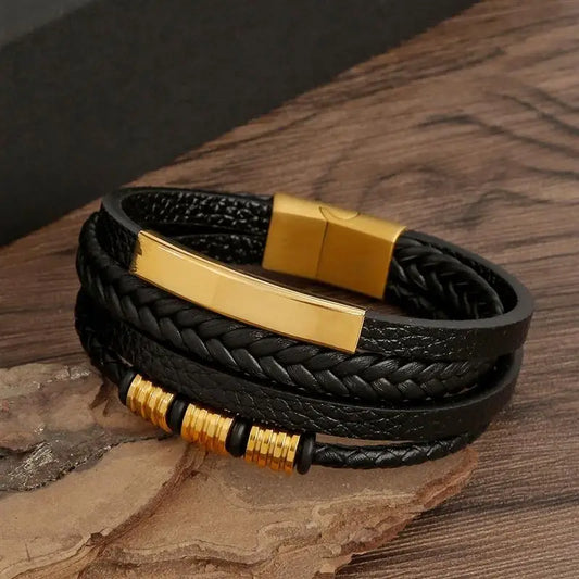 Bracelet en cuir tressé noir avec plaque en acier inoxydable, plaqué or, idéal pour un look élégant
