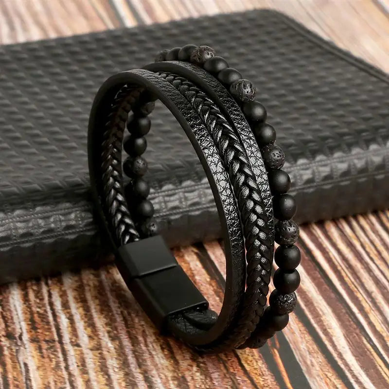 Bracelet en cuir véritable, tressé noir avec perles en pierre de lave, style naturel et masculin