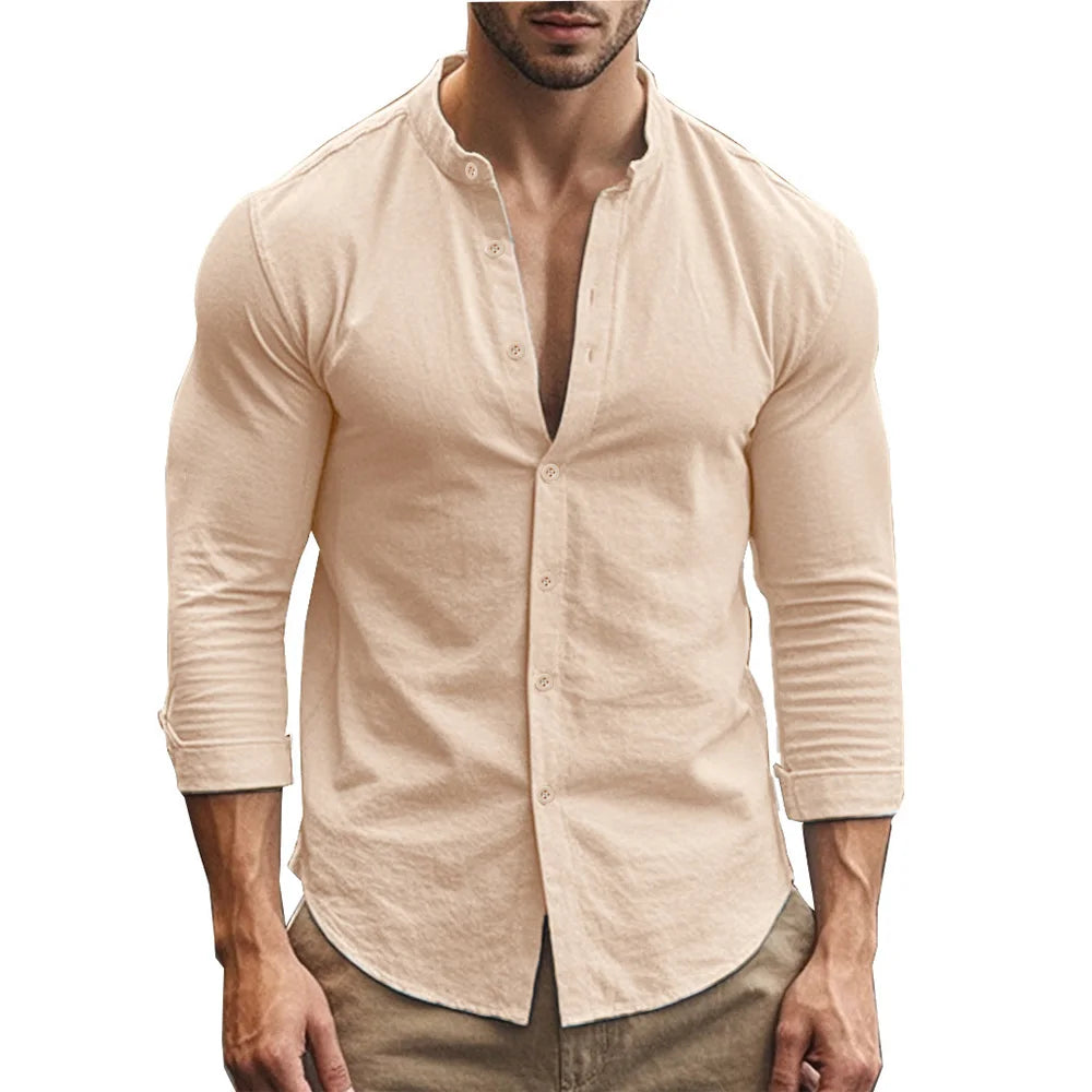 Chemise beige en lin et coton pour homme, vue de face, col marin et coupe ajustée, parfaite pour une tenue naturelle et élégante.