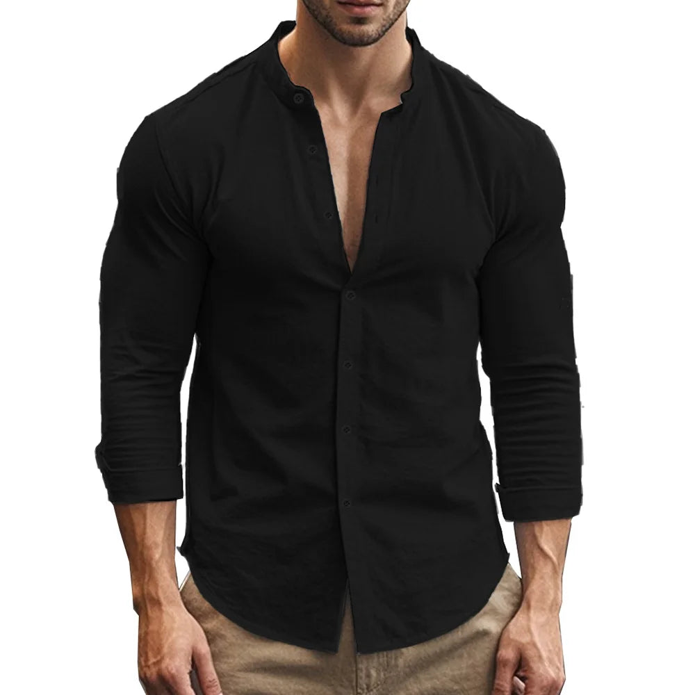 Chemise noire en lin et coton pour homme, col marin et boutonnage simple, style intemporel et raffiné, idéale pour un look habillé ou casual.