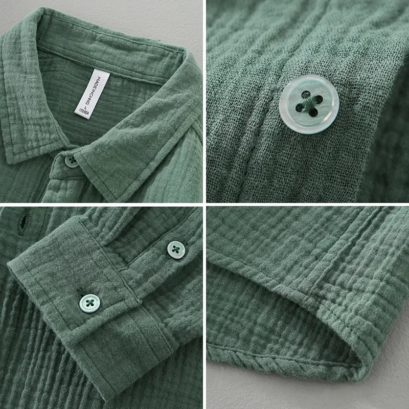 Zoom sur la matière qualitative de la chemise en vert foncé pour homme. Détail de la coupe soignée et de la matière douce, combinant élégance et décontraction.