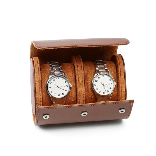 Coffret de rangement en cuir marron avec doublure en daim et 2 compartiments pour protéger vos montres