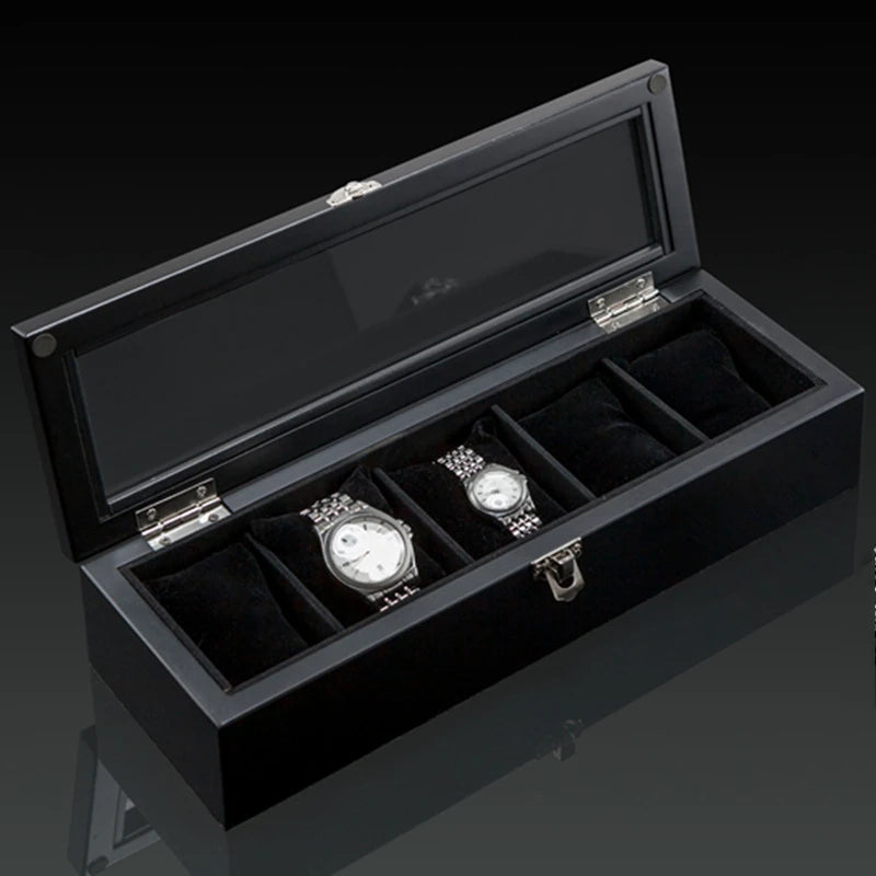 Écrin en bois brut noir pour montres, 5 emplacements et finition haut de gamme pour collectionneurs