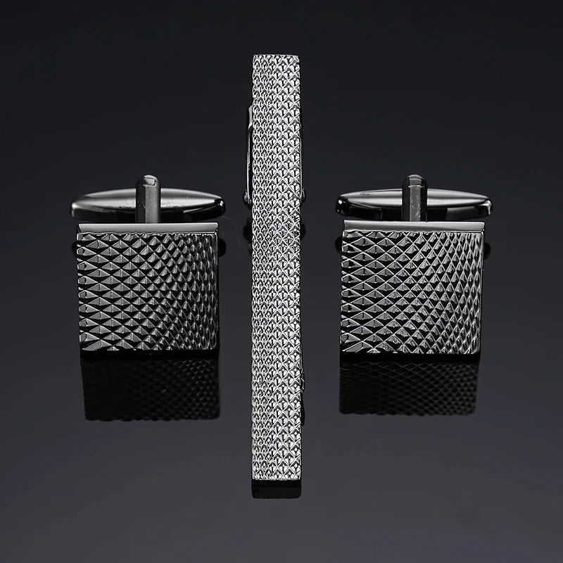 Ensemble boutons de manchette carrés en acier effet crocodile et pince à cravate minimaliste, argent mat, accessoire pour costume élégant