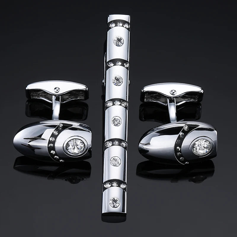 Ensemble boutons de manchette argentés et diamant, pince à cravate minimaliste assortie, cadeau idéal pour homme distingué, idéal pour tenue élégante.