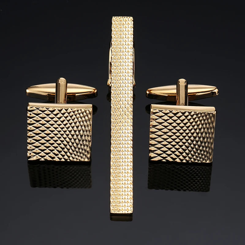 Ensemble boutons de manchette carrés effet crocodile et pince à cravate minimaliste, accessoire pour costume élégant