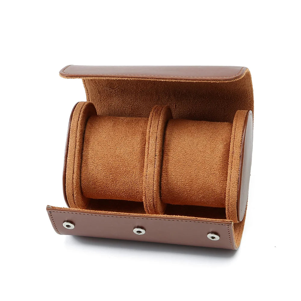 Étui en cuir vintage marron avec intérieur en daim et 2 emplacements pour montres, design élégant et raffiné