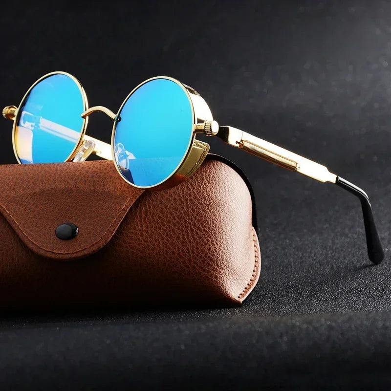 Lunettes de soleil LUCEO rondes en métal dorée, avec verres UV400 antireflet bleus, style gothique rétro