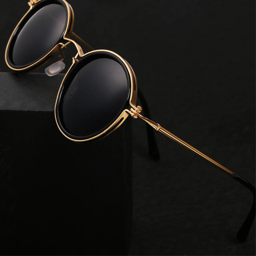 Lunettes polarisées Giovanni avec monture métallique ronde, or et noir, verres TAC UV400, design rétro et antireflet, protection lumière bleue