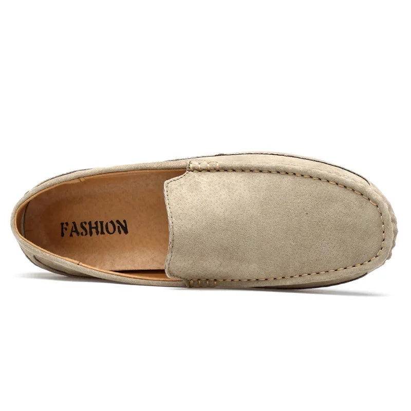 Mocassins en daim beige pour homme, chaussures bateau faites main, à enfiler, style décontracté chic, zoom détails