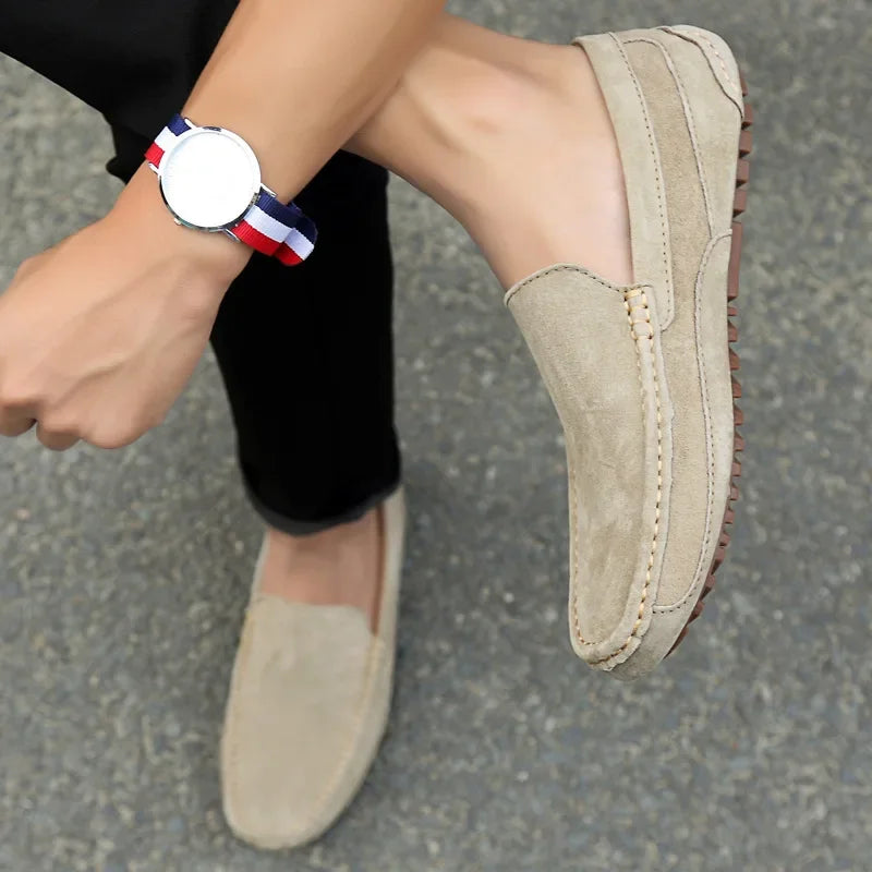 Mocassins en daim beige pour homme, chaussures bateau faites main, à enfiler, style décontracté chic