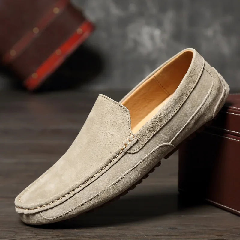 Mocassins en daim beige pour homme, chaussures bateau faites main, à enfiler, style décontracté chic