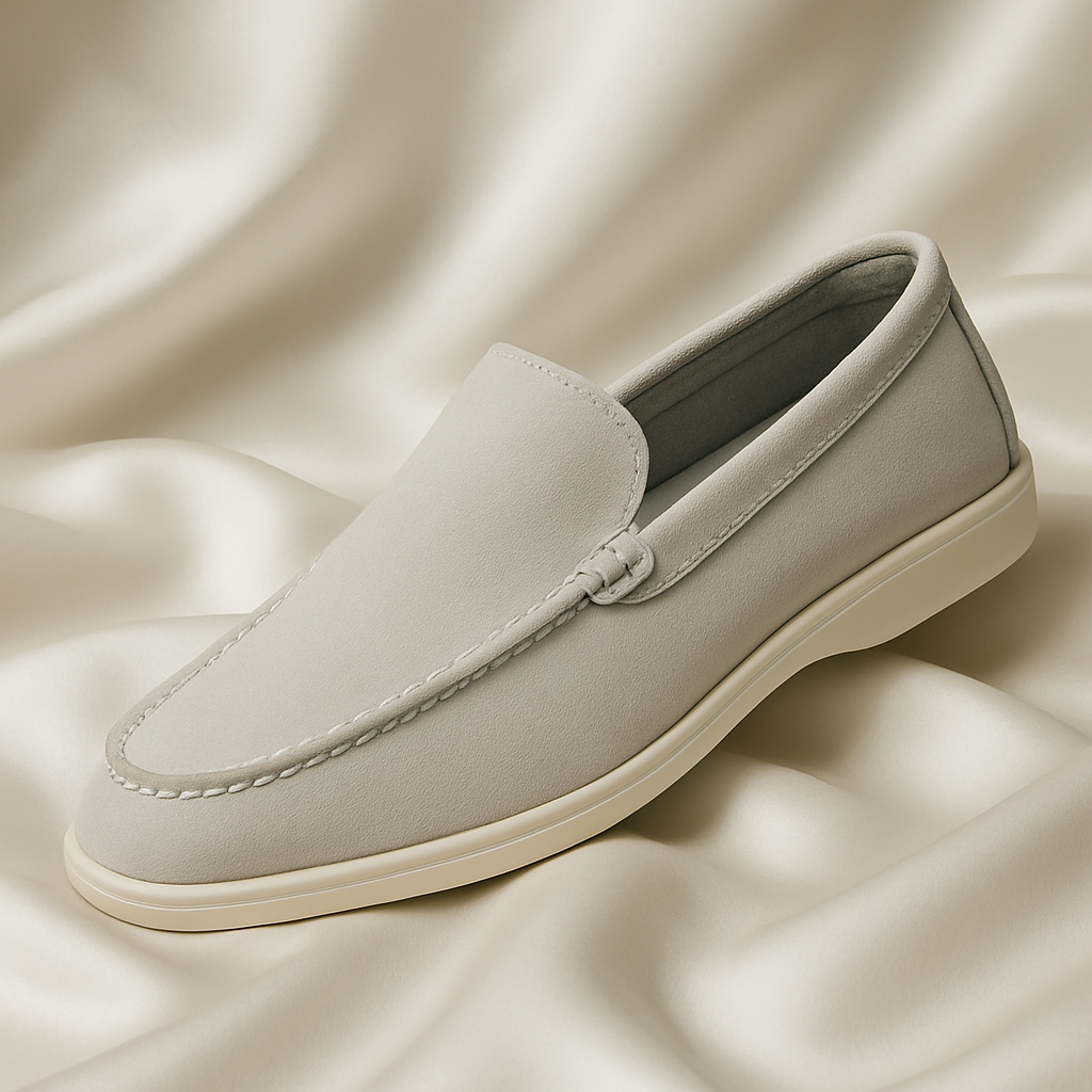 Mocassins en daim gris clair pour homme style old money britannique