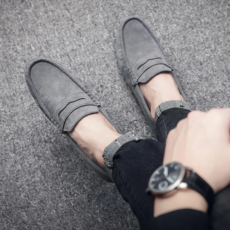 Mocassins gris pour homme, chaussures plates décontractées, respirantes, semelle souple, portées