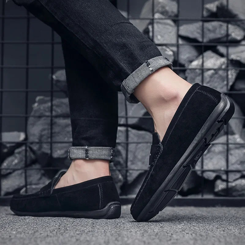 Mocassins noirs décontractés pour homme, souples et respirants, semelle plate confortable