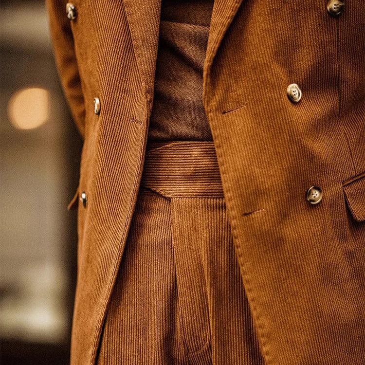 Détail du pantalon ALDRIC marron en velours côtelé, mettant en valeur la texture du velours et la ceinture intégrée, offrant une coupe ajustée et élégante. Un choix parfait pour un style Old Money au confort moderne.