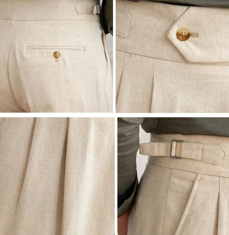 Zoom sur les détails du Pantalon BEAUMONT beige en lin, coupe élégante, poches discrètes, ceinture boutonnée et ajusteurs latéraux