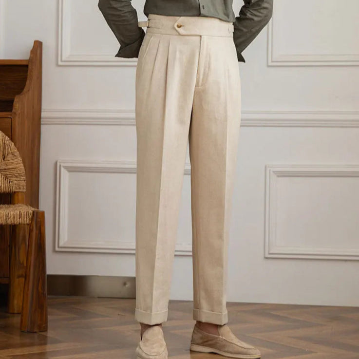 Pantalon BEAUMONT beige en lin, ceinture renforcée avec ajusteurs latéraux pour un confort optimal