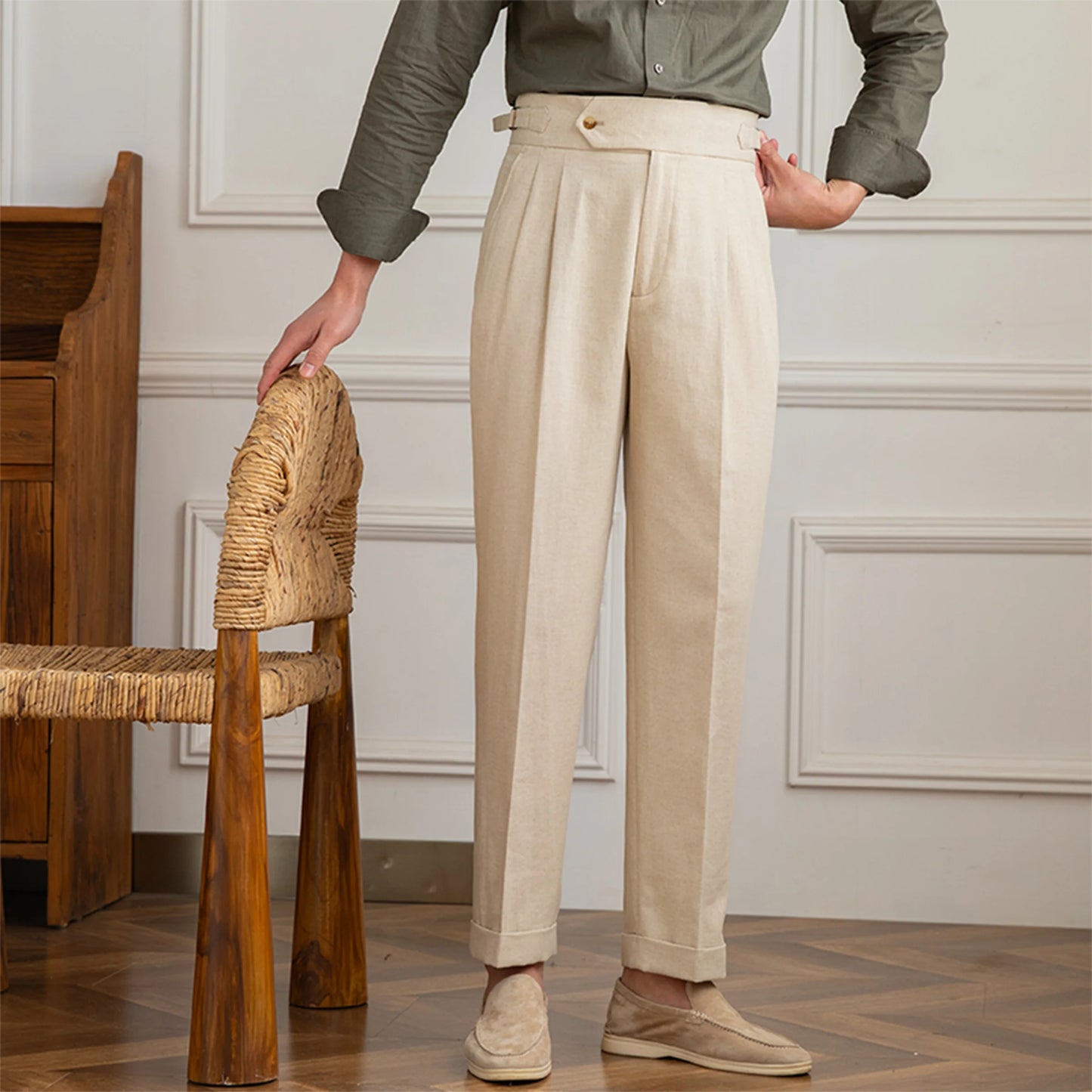 Pantalon BEAUMONT beige en lin, coupe italienne élégante, vue de face