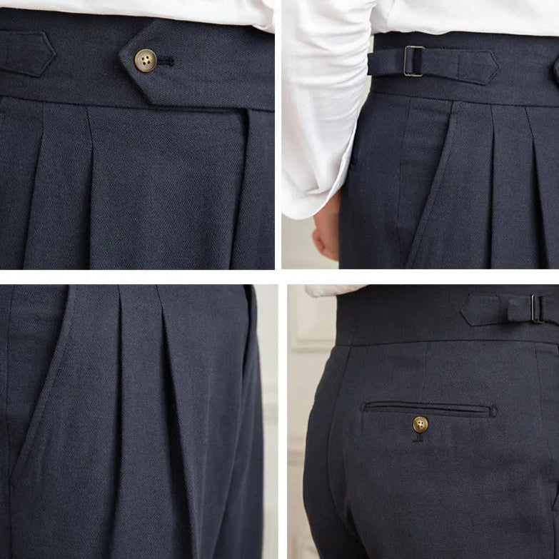 Pantalon BEAUMONT bleu marine en lin, finitions impeccables, ceinture boutonnée, poches discrètes, ajusteurs latéraux pour un confort optimal