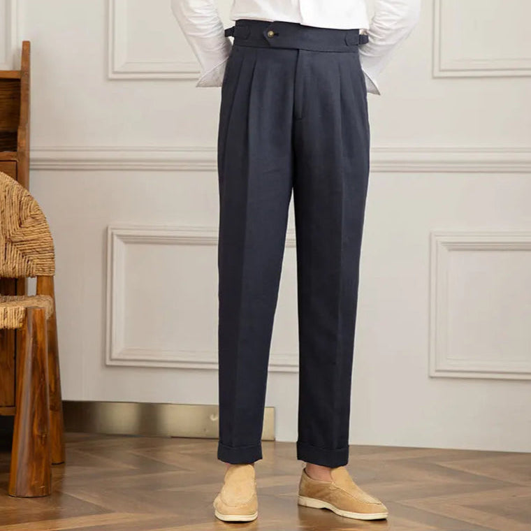 Pantalon BEAUMONT bleu marine en lin et coton, tombé impeccable, vue de face