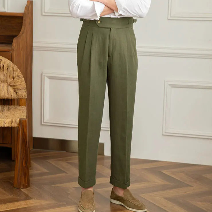 Pantalon BEAUMONT vert en lin, détails des plis signature pour un style raffiné