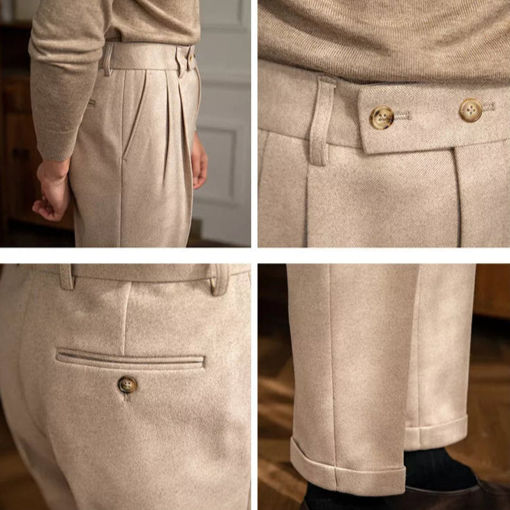 Vue détaillée du pantalon beige BEAUREGARD, finition parfaite avec plis marqués et taille haute, pantalon porté avec élégance, coupe structuré et tissu matière de qualité supérieure