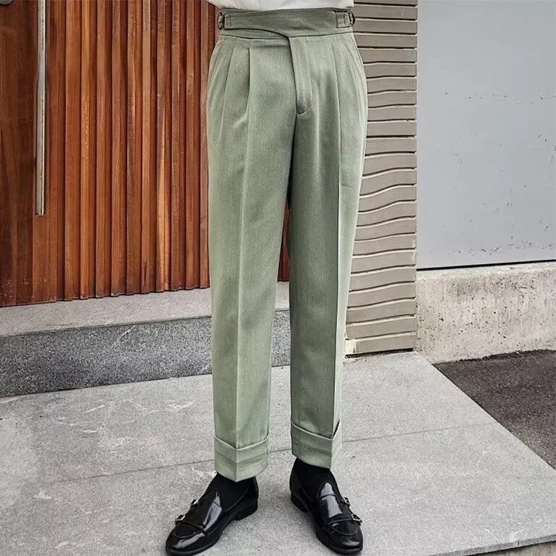 Pantalon ANATOLE homme vert, taille haute élégante, coupe droite style Old Money