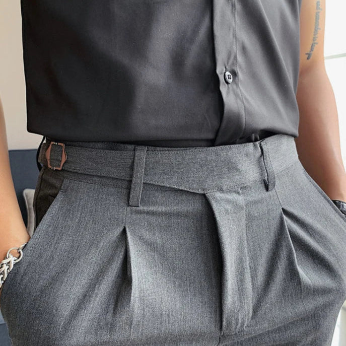 Pantalon slim gris DRAYTON, coupe courte, ceinture ajustable,et tissu extensible