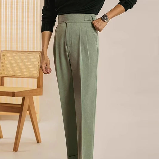 Pantalon ANATOLE homme vert, taille haute élégante, coupe droite style Old Money