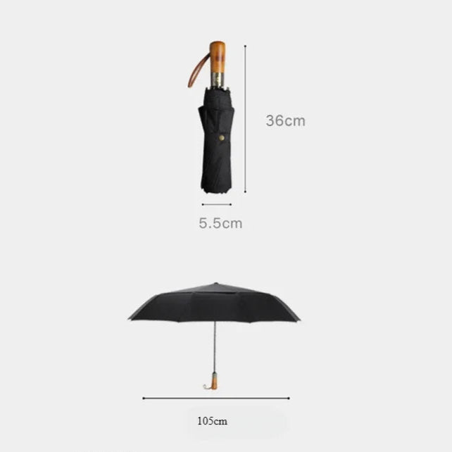 Détail de la dimensions des trois parapluies automatiques, noir, bleu marine et kai, avec structure robuste en fibre de verre et tissu pongé, offrant une protection optimale contre la pluie.
