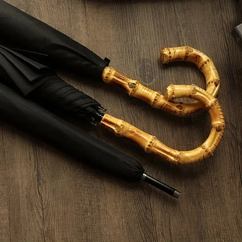 Parapluie en bambou noir, long manche, coupe-vent, tissu pongé et revêtement Téflon, luxe et raffinement, style Old Miney