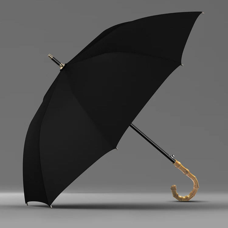 Vue complète du parapluie en bambou noir ouvert, grand diamètre de 122 cm