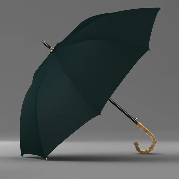 Vue de profil du parapluie vert en bambou, détail du tissu pongé avec revêtement Téflon, protection optimale et résistance aux intempéries