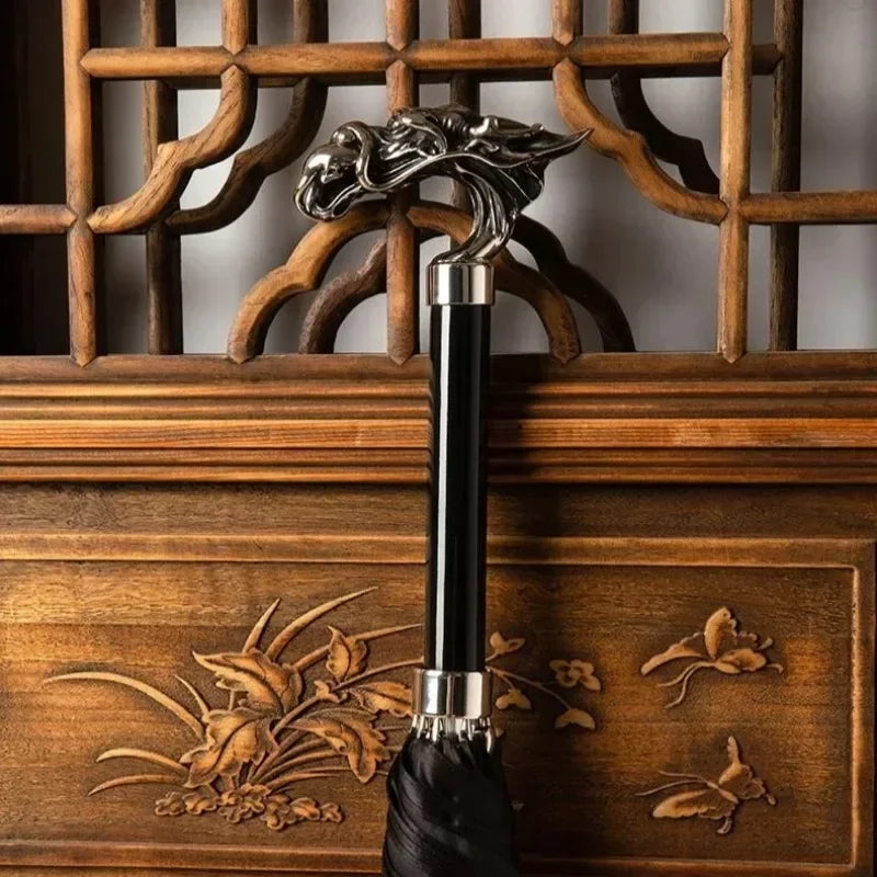 Parapluie sceptre tête de dragon argenté, design élégant, cadre 8K en aluminium, idéal pour la pluie et le soleil, protection UV de qualité.