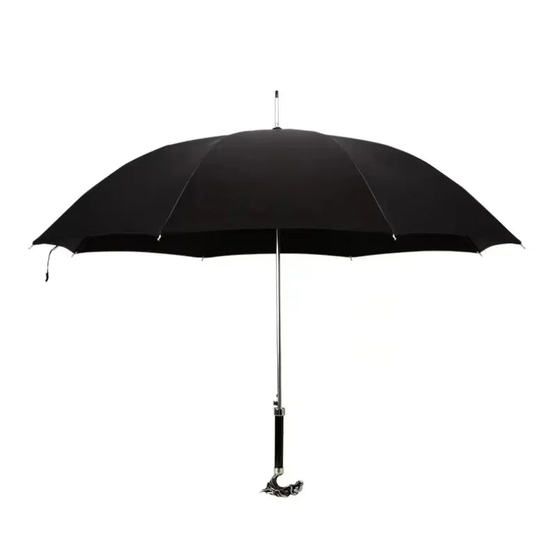 Parapluie de luxe sceptre tête de dragon argenté ouvert, vue de dessus, avec cadre aluminium 8K, protection UV et pluie, manche argenté, design élégant et raffiné.