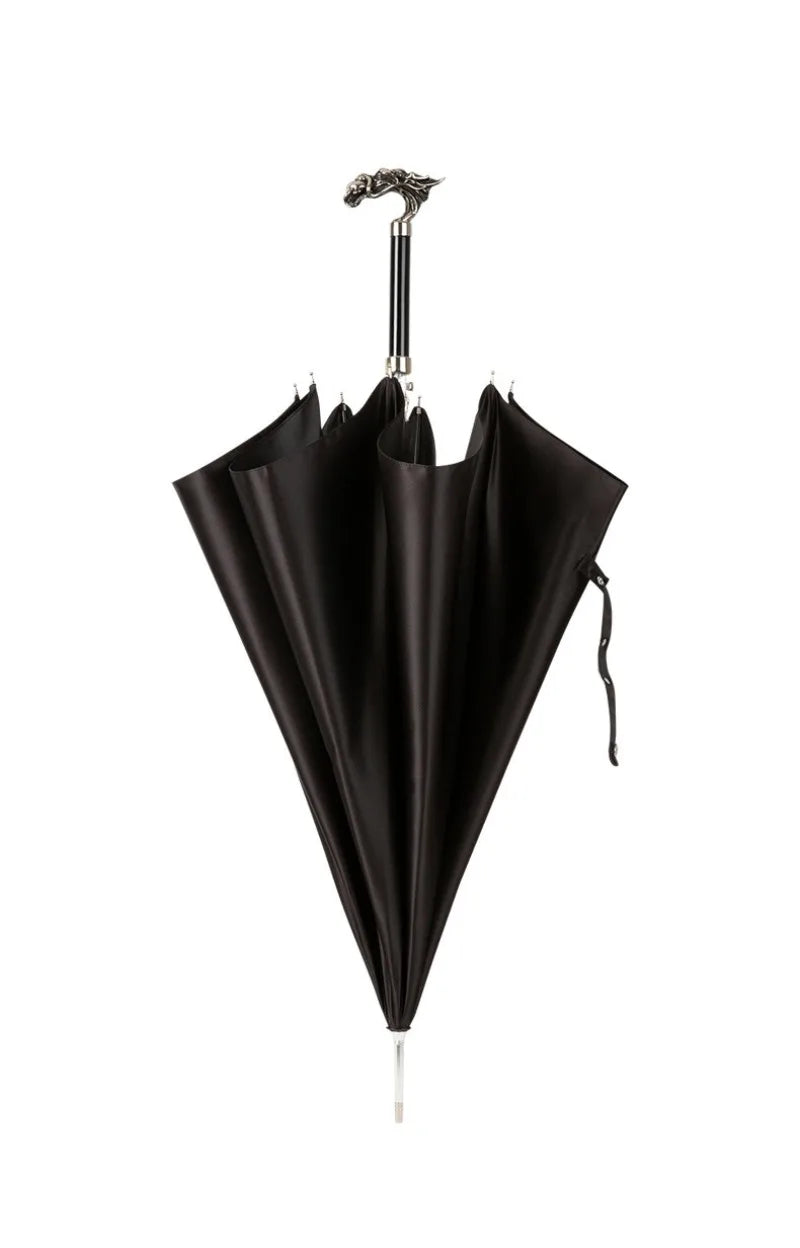 Parapluie de luxe sceptre tête de dragon argenté, vue plein pied, avec cadre aluminium 8K, manche métallique argenté, design élégant pour une protection UV et pluie.