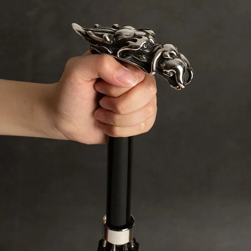 Parapluie de Luxe sceptre tête de dragon avec manche argenté, cadre aluminium 8K, protection solaire et pour la pluie, design élégant et raffiné. Style Old Money.