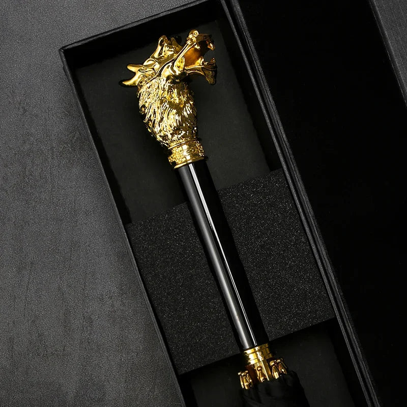 Parapluie de luxe à long manche avec sceptre tête de dragon, motif astrologique chinois. Design rétro élégant avec poignée en or, symbole de puissance et de sagesse.
